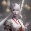 Placeholder: UHD, hd, 8k, hyperrealism, Very detailed, zoomed out view, full character in view, white hair female demon character wearing a hanbok with a white top and long red bottom, she holds a katana in her right hand, she stands in front of a Japanese style palace digital art, anime, full details