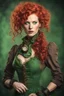 Placeholder: Forty year old steampunk woman with green eyes and red curls wearing a green dress without a hat