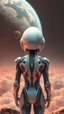 Placeholder: Photoreal Gorgeous godlike white alien cyborg rear view looking over a futuristic nuclear distraction and mashroom clouds of planet earth , in the style of fantasy movies, photorealistic, bokeh masterpiece smooth shading, ultra detailed, high resolution, cinematic, unreal 6, subtle shadows, octane render, 8k, cinema 4d, HDR, dust effect, vivid colors