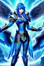 Placeholder: a person in runic armor with blue wings, blue short hair, runic tattoo and spell book