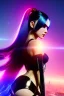 Placeholder: Futuristic fantasy character, portrait from waist up, pale skin, latex and leather attire, blue eyes, multicolor hair, intricate eyeliner, vibrant eyeshadow, clear completion, soft lighting, 4k resolution, intricate details, insanely detailed, colorful cityscape background, masterpiece, expert, cinematic smooth, retroanime style, realistic details, no helmet