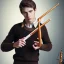 Placeholder: young man with flute, irish sweater, playing music