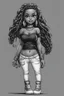 Placeholder: Create a black and white coloring page of a cartoon of a curvy African American chibi female wearing tight jeans and a off the shoulder blouse. She is also wearing timberland boots.. Highly detailed very long extremely braids of hair. Her skin is smooth and silky. Background of a track of ATV riders. No coloring, no shading, no grayscale,