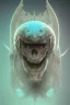 Placeholder: blue alien, cracks in the head, evil, Asian eyes, weapons, blood, 8k, finely detailed, photo realistic, Boris Vallejo style turquoise skull head gold dragon space alien moon skeleton Viking helmet Black background