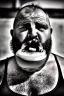 Placeholder: close up photography, dirty burly chubby Italian strong 48 years old homeless man, spitting milk from open mouth, dripping on the beard, with dirty tank top, emotional eyes, manly chest, photo, Canon EOS, lens 35mm, natural lights, 8K, in the morning