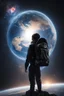 Placeholder: A figure wearing a black backpack deep in a supernova overlooking planet Earth