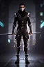 Placeholder: muscular ninja assassin, athletic build, wearing black and gray baggy pants with pockets, black hood and black balaclava mask, buckles, straps, pockets, daggers around arms, tan skin, big boots, dark hazel eyes, eyes are both in proportion, 3/4 look, standing, dark cobblestone alley, one halo candle light behind head, intense, non photorealistic rendering in the art style of j.scott campbell