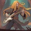 Placeholder: slay the spire with metal guitarist with long hair waving aggresivily card game