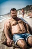 Placeholder: full figure shot photography of a tired strong muscular chubby burly 36 years old ugly turkish carpenter, big nose, bullneck, long goatee, short hair, shirtless, manly chest, white shorts, bulge, emotive eyes , lying down relaxed belly up, on the beach in the sun, big shoulders, side light, sweat and wet, top view, aerial view