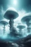 Placeholder: The future modern buildings in another dimension surrounded with mushrooms trees and stars and clouds and fogs, Busch painting nightmare style , 3D , scary, magical, mysterious