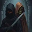 Placeholder: [ADnD in the crypt] Picture this: clad in darkness, a silent ninja protector with eyes sharp and alert. Behind him: a Skelton cloaked in a brown, hooded robe, exuding an eerie aura of power.