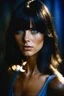 Placeholder: facial portrait - 35mm professional photograph, chiaroscuro, deep shadows, fairytale, 20th century masterpiece, rich deep colors, highly detailed portrait, beautiful, extremely muscular Joan Laurer, long, straight, black hair, the bangs cut straight across her forehead, blue eyes