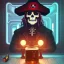 Placeholder: a cyberpunk hacker pirate captain skeleton drinking beer with a pirate hat sitting in front of a huge old crt monitor in a dark room , only light coming from crt monitor, highly detailed, intricate, digital art, trending on artstation, trending on cgsociety, by greg rutkowski