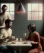 Placeholder: Realistic scene, man and woman sitting in cafeteria and having breakfast levitating, 0 gravity, Wes Anderson, soft color, highly detailed, unreal engine 5, ray tracing, RTX, lumen lighting, ultra detail, volumetric lighting, 3d, finely drawn, high definition, high resolution.