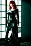 Placeholder: Christina Hendricks dressed in black leather gown, cyberpunk, busty, cleavage, volumetric lighting, particales,highly detailed,cinematic, deep colours,8