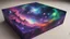 Placeholder: a box 10 cm long by 5 cm wide and 25 cm high, drawn on a box on all sides, space, tress, planets, butterfly nebula, crow galaxies a lot of colours purple, green and red, portal too others galaxy, realistic