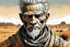 Placeholder: create a front facing, portrait illustration of an aged, otherworldly lost cyborg nomadic wanderer with highly detailed, sharply lined and deeply weathered facial features in a dusty ruined desert oasis in the comic art style of Enki Bilal, precisely drawn, finely lined and inked in arid desert colors