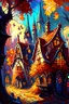 Placeholder: Fantasy village with stained glass window houses in autumn fantasy rpg art painterly