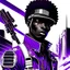 Placeholder: masterpiece, best quality, A black man with a steampunk-inspired cybernetic enhancement, leading a rebellion against the Comstock government, in a duotone purple and grey manga style, with ultra detailed clothing and gun
