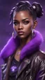 Placeholder: arcane tv show style, league of legends, solo, 1girl, attractive teenager, african, dark skin, dark-brown eyes, black hair, pair buns, (violet strand in forehead bang), necklace, earrings, modern makeup, (detailed skin texture), old leather jacket with violet fur collar, oversized torn t-shirt with half-erased unknown music group logo, You can see through the wide holes in the t-shirt her acid-green sport top, dark background, bokeh, cinematic atmosphere