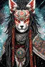 Placeholder: front facing portrait illustration of a gothpunk armored kitsune vampire mercenary , beaded dreadlock hair, wearing an ancient ornate japanese kitsune mask , and shemagh, highly detailed with gritty post apocalyptic textures, caught in a cosmic maelstrom of swirling gases , finely detailed facial features and hair, in the graphic novel style of Bill Sienkiewicz, and Jean Giraud Moebius, ink wash and watercolor with realistic light and shadow