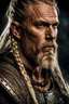 Placeholder: portrait of a 50-year-old viking ,blonde beard with grey highlight and long blond hair with Two small braids. Rugged face with a scar on his cheek. dark fantasy