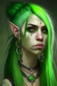 Placeholder: portrait of a halfling woman, long green hair, very beautiful, kind look, several earrings, lip piercing, a bit punk