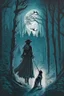 Placeholder: in the style of a Henry Justice Ford drawing, a beautiful witch walks through a dark forest, a dog is standing on the horizon waiting for her