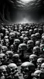 Placeholder: Bosch nightmares paining style Title:a field of small human skulls all colored in black and white, a shadow of man standing in the middle, 8k artistic photography, photorealistic concept art, soft natural volumetric cinematic perfect light, chiaroscuro, award-winning photograph, masterpiece, oil on canvas, Raphael, Caravaggio, Greg Rutkowski, people, beksinski, Giger