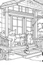 Placeholder: coloring page for kids, Cats on the porch, cartoon style, thick lines, low detail, no shading