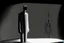 Placeholder: monochrome, cardboard figure on the left of the picture, stocky human figure with a head tilted to the left, almost no neck, no face or hair, schematic drawing, against a dark grey background with a symmetrical pattern, a lighter grey, almost monochrome, in moonlight, crayon drawing in shades of grey and black, ethereal, cinematic postprocessing