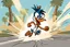 Placeholder: road runner running towards the right side, leaving behind a cloud of dust. style of looney toons cartoon