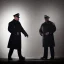 Placeholder: large muscular police officer, speaking, to a muscular man wearing a trench coat, downtown snowy new york at night, dramatic, dramatic lighting, volumetric lighting, hyperrealism, 8k, high quality, photorealistic, lot of details