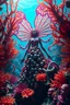Placeholder: Close up The enchanting towering deep seabed is filled with colorful and bright patterns inspired by the beauty of the seabed. In the center, a stunning organism harmoniously combines the characteristics of a girl Ghotic open body with a fantail. the cavity of the steammpunk dress is visible a thousand Skulls and octopus. creating a focal point that dazzles the ocean created sea coral. The ocean is illuminated with warm and ethereal light, enhancing the mystical and wondrous atmosphere