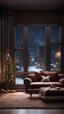 Placeholder: Hyper Realistic Dark Brown Living Room With Small Empty Wooden Frame & Fancy Velvet Furniture & Christmas Decoration at snowfall night from window view