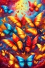 Placeholder: vibrant psychedelic oil painting image, airbrush, 64k, cartoon art image of background YELLOW and RED BUTTERFLIES , futurism style