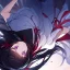 Placeholder: Clear focus,High resolution,High quality,Black sleeveless shirt, White Jacket that is falling off, Red ribbon in the back, Wearing a white skirt, Black gloves, Black long hair, Purple eyes