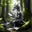 Placeholder: A dragonoid human with grey scales and a flexible tail in the middle of taking notes in a magical forest