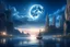 Placeholder: moon, clouds, distant city, lake, sci-fi, boat, epic