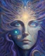 Placeholder: A mesmerizing portrait of a celestial being, with eyes that hold galaxies within them and hair that flows like cosmic stardust, in the style of visionary art, iridescent colors, dreamy textures, and otherworldly aura, influenced by the works of Alex Grey and Android Jones, inviting the viewer to contemplate the mysteries of the universe.