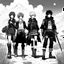 Placeholder: funky black and white manga art of fashion, punkrock, future illustration: RPG group of Adventurers in the wild