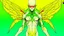 Placeholder: A surreal humanoid figure with white skin, green hair styled into a tall point, wearing glasses, with a transparent torso revealing internal organs, white wings on the back, holding a yellow figure in the lower torso, against a yellow background with a red curved line