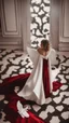 Placeholder: White wings, scissors, red dress on a luxurious velvet floor. Cinematic photo from above,no girl just matterials