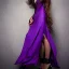 Placeholder: alluring slim witch of darkness in purple dress with very long brown hair