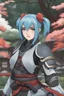 Placeholder: Young woman with powder blue hair, paleeyes, wearing samurai armor, Japanese garden background, RWBY animation style