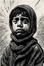 Placeholder: create a deeply powerful tragic, heart wrenching, and evocative, full body woodcut of a poor young Muslim refugee boy with highly detailed and deeply cut facial features, lost in a horrific post apocalyptic Gaza, in the style of KATHE KOLLWITZ , searing lines and forceful strokes