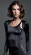Placeholder: photography of a beautiful anorexic woman, anthracite satin triathlon top, sports illustrated, brunette short wavy bob haircut, pronounced sternum, flat chest, anthracite short leggins