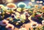 Placeholder: top view of a miniature flower farm scene with cute chibi anime gardener cats tending to the flower fields S<AI in sunshine, photorealistic, 3D, ethereal, cinematic postprocessing, bokeh, dof