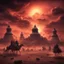 Placeholder: Hyper Realistic Karbala Prehistoric War Background at red cloudy sunset