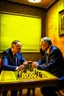 Placeholder: Vladimir Poutine playing chess with Zelinynski. A map of ukraine is burning on a wall